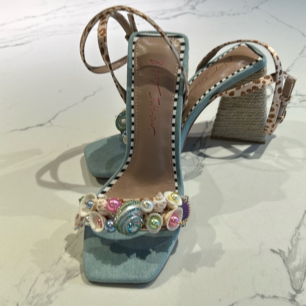 Betsey Johnson Light Blue Embellished Block Heel Sandals